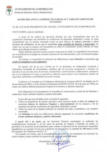 El alcalde dicta un bando relativo a la limpieza de parcelas y adecentamiento de las fachadas