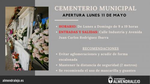 El cementerio municipal volverá a abrir al público el próximo lunes de 9 a 19 horas