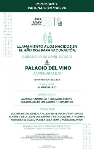 Las personas nacidas en 1956 pueden acudir a vacunarse el sábado 10 de abril al Palacio del Vino