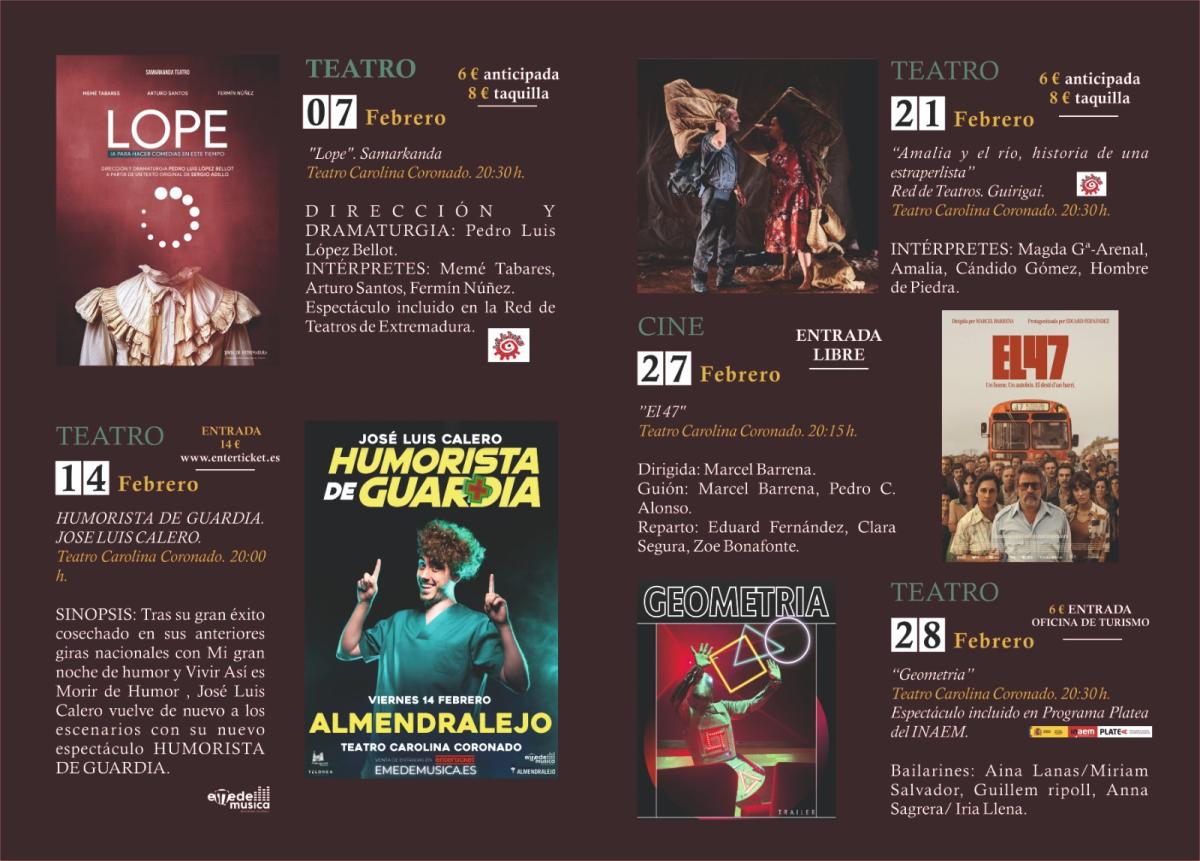 Teatro, humor y cine llenarán en febrero el Teatro Carolina Coronado